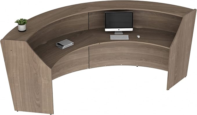 Linea Italia Curved Modern Office Desk Easy to Assembly 2 Panel Reception Counter for Lobby, Salon, 124" x 49", Walnut