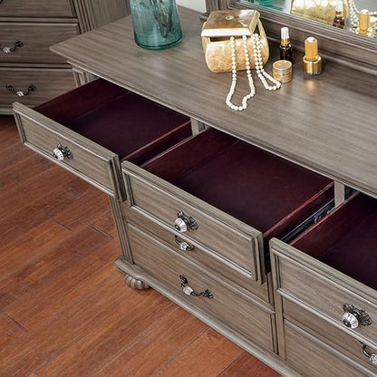 First of a Kind Queen Size Traditional Bedroom Furniture 4 pc Set in Gray - Solid Wood Finish with Floral Headboard Design, Antique Brass Hardware - Bed, Dresser, Mirror & Nightstand