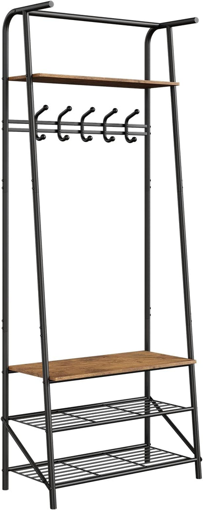 IDEALHOUSE Coat Rack Shoe Bench with 5 Hooks, Hall Trees Entryway Bench with Storage, Multifunctional Hallway Organizer, Wood Look Accent Furniture with Metal Frame for Entryway, Living Room, Bedroom