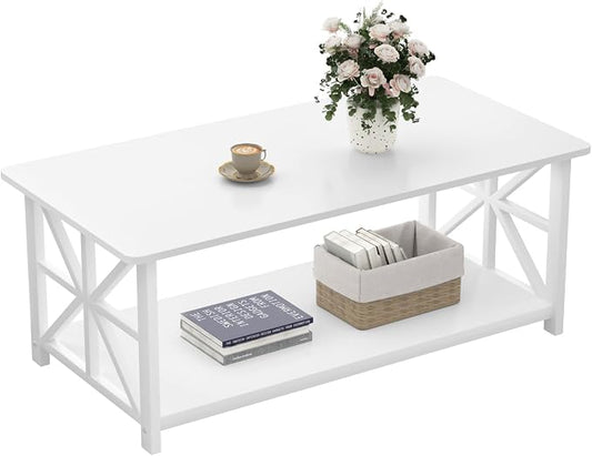 GreenForest Coffee Table for Living Room with Round Corners | Modern Style Center Table with Storage Shelf,39 Inch X-Frame Sofa Table,Space Saving,Easy Assembly,Full Wh