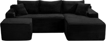 106-Inch Oversized U-Shaped Right Facing Corner Compressed Sofa Modular Boneless Cloud Sectional Sofa Floor Foam Couch W/Chaise & Ottoman, Corduroy Corner Boneless Cloud Couch