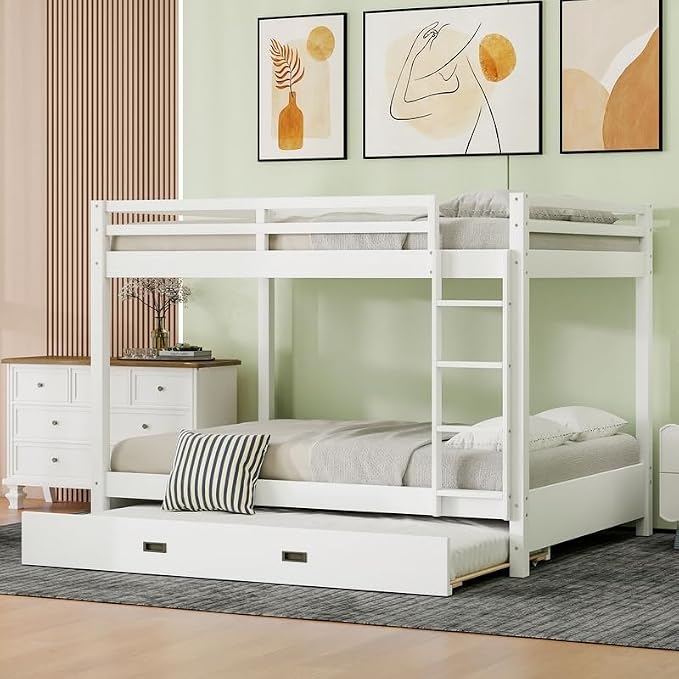 Merax Queen Size Bed with Trundle - Space-Saving Solid Wood Frame, Built-in Safety Rails and Ladderm, White