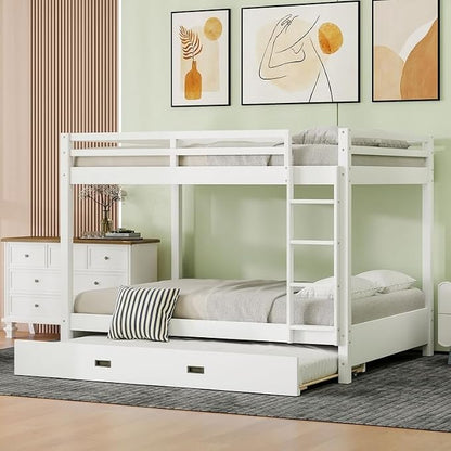 Merax Queen Size Bed with Trundle - Space-Saving Solid Wood Frame, Built-in Safety Rails and Ladderm, White