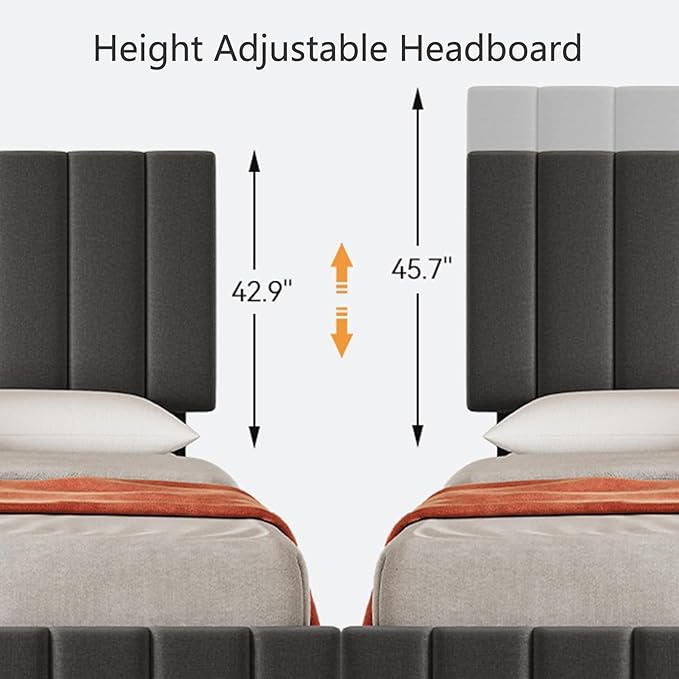 IDEALHOUSE King Linen Upholstered Bed Frame with 4 Storage Drawers, Adjustable Headboard and Wooden Slats Support, No Box Spring Needed, Grey