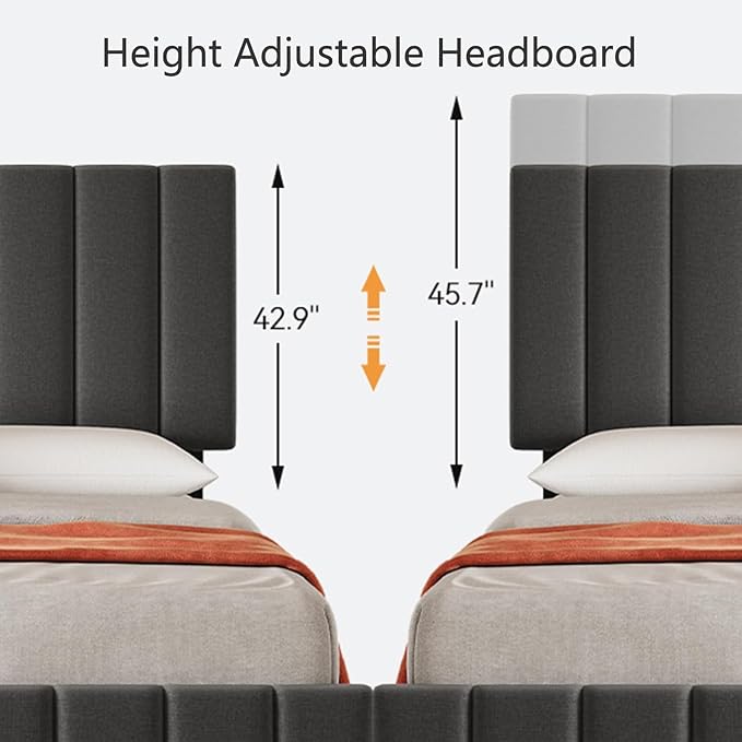 IDEALHOUSE Full Upholstered Bed Frame with 4 Storage Drawers, Adjustable Headboard and Wooden Slats Support, No Box Spring Needed, Grey
