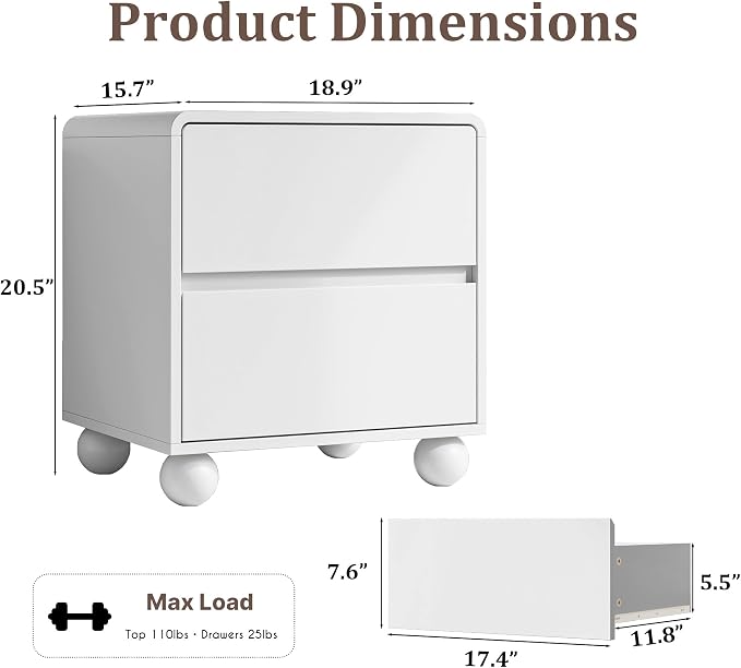MAISONARIA Mid-Century 3-Piece Dresser Bedroom Set, 6 Drawer Dresser & 2 Drawer Nightstands with Curved Profile Design & Handle Free, Wood Chest of Drawers for Bedroom, Living Room, Hallway, White