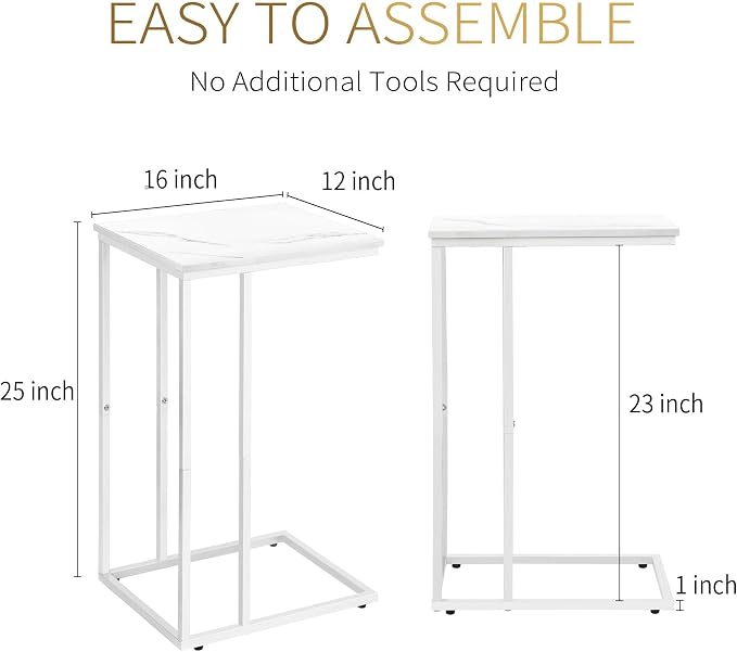 Possile C Shaped End Table Set of 2 for Sofa and Bed, Slide Under Couch Tables, Side Table With Faux Marble Top, Small Under Table Tray for Living Room, Bedroom, White