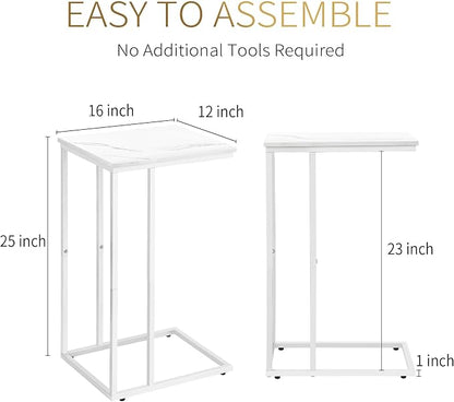 Possile C Shaped End Table Set of 2 for Sofa and Bed, Slide Under Couch Tables, Side Table With Faux Marble Top, Small Under Table Tray for Living Room, Bedroom, White
