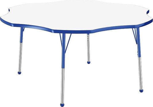 FDP Dry-Erase Flower Activity School and Office Table (60 inch), Standard Legs with Ball Glides for Collaborative Spaces, Adjustable Height 19-30 inches - Whiteboard Top, Blue Edge and Matching Legs