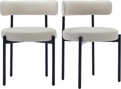 Faux Leather Dining Chairs Set of 2, Upholstered Kitchen and Dining Room Chairs, Mid-Century Modern Dining Chairs with Round Back and Black Metal Legs, Vegan Leather, Beige Grey