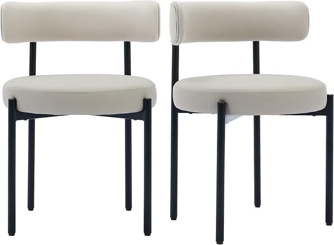 Faux Leather Dining Chairs Set of 6, Upholstered Kitchen and Dining Room Chairs, Mid-Century Modern Dining Chairs with Round Back and Black Metal Legs, Vegan Leather, Beige Grey