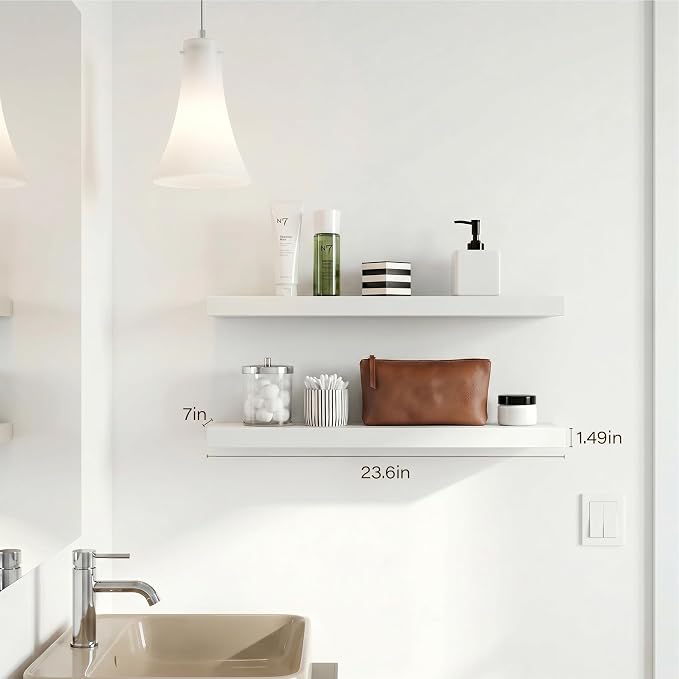 White Floating Shelves for Wall, 23.6'' Wall Mounted Shelves for Bathroom,Bedroom,Living Room,Kitchen&Office,Set of 2
