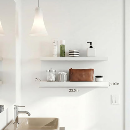 White Floating Shelves for Wall, 23.6'' Wall Mounted Shelves for Bathroom,Bedroom,Living Room,Kitchen&Office,Set of 2