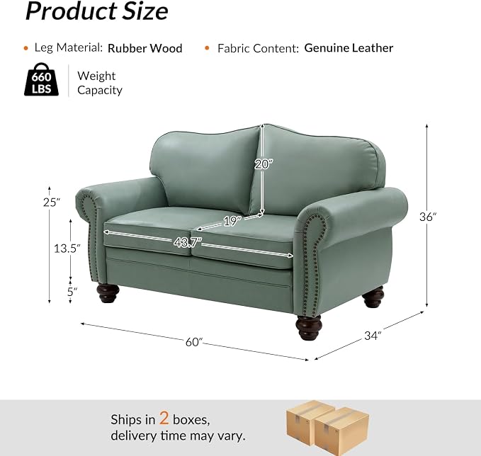60" Wide Genuine Leather Chesterfield Loveseat, 2 Seat Leather Sofa with Rolled Arms, Nailhead Trim for Living Room Furniture, Easy Assembly – Sage