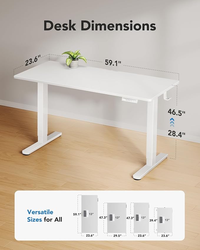 HUANUO Electric Standing Desk, Whole Piece Desktop, Adjustable Height Computer Desk, 4 Height Memory Settings, Sit Stand Up Desk for Home Office, 60" x 24", White