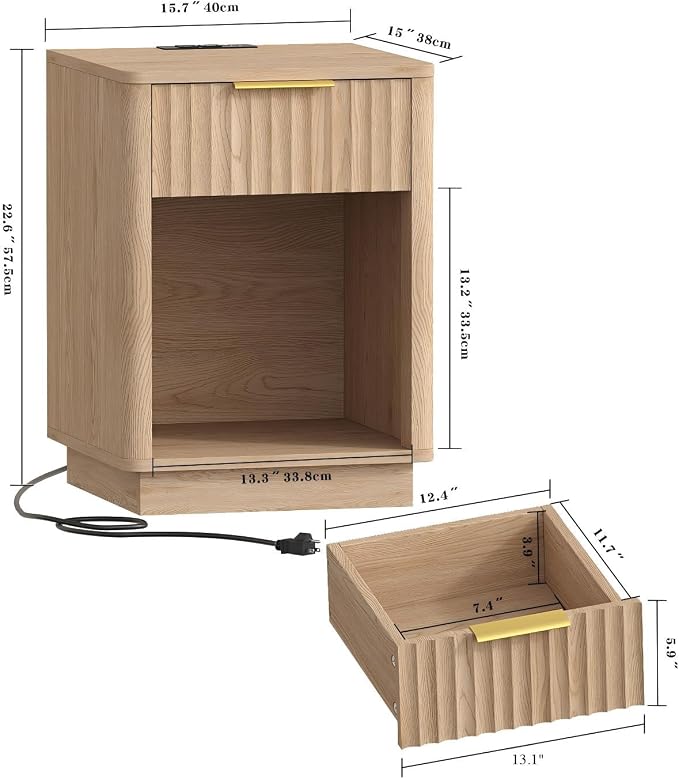 Akxomel Fluted Nightstand, Wooden Night Stand with Charging Station and LED Light, Modern Mid Century End Table with Drawer, 15" D x 15.7" W x 22.6" H, for Bedroom, Natural Oak
