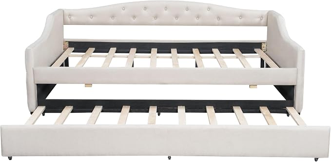 Merax Modern Upholstered Platform Bed Frame with Trundle Bed, Linen Sofa Day Bed with Headboard, No Box Spring Needed/Easy Assemble/Full XL,Beige