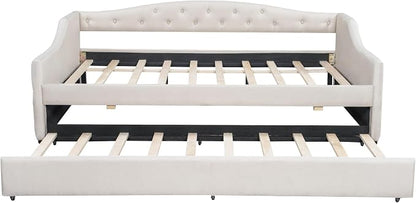 Merax Modern Upholstered Platform Bed Frame with Trundle Bed, Linen Sofa Day Bed with Headboard, No Box Spring Needed/Easy Assemble/Full XL,Beige
