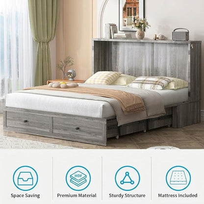 Mjkone Cabinet Murphy Bed Full Size with Tri-Fold Mattress Included, Farmhouse Chest Cabinet Beds Guest Wall Bed with USB Charging Station and 2 Storage Drawers for Bedroom Home Office, Gray