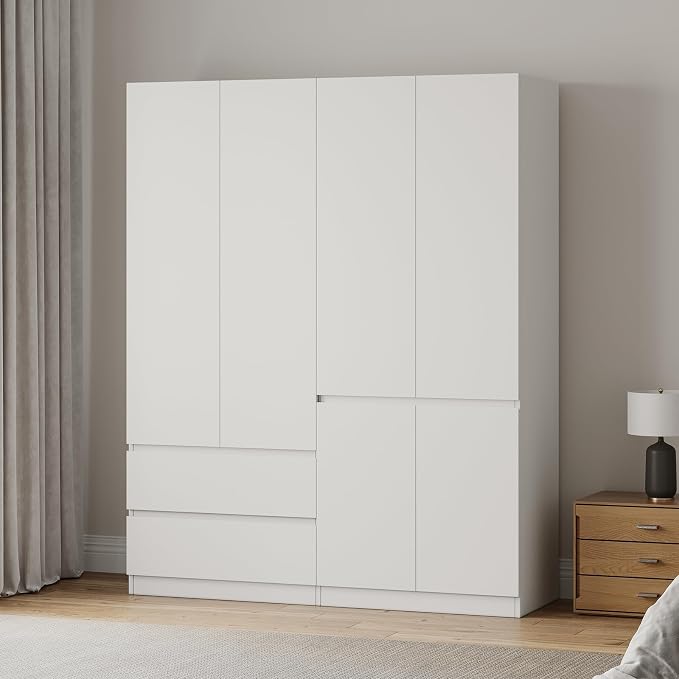 Bobve78 H Armoire Wardrobe Closet with 4 Doors and 2 Drawers, Wooden Bedroom Armoires with Hanging Rod, No Freestanding Wardrobe Cabinet for Bedroom, White