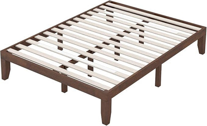 COSTWAY Wood Platform Bed Frame, 14 Inches Solid Rubber Wood Bed Mattress Foundation with Sturdy Slats Support, Easy Assembly Bed Frame for Home Hotel, No Box Spring Needed (Walnut, Queen)