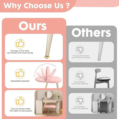 Vanity Chair with Backrest, Boucle Upholstery Armless Makeup Stool, Pink Vanity Stool with Gold Metal Legs for Bedroom Living Room Kitchen Dinning Room (Gold and Pink)