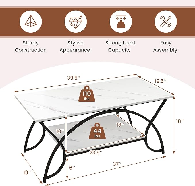 Giantex 2-Tier Rectangular Coffee Table, Faux Marble Table with Open Storage Shelf, Black Finished Metal Frame, Modern Center Table for Living Room, Reception Room (White+Black)