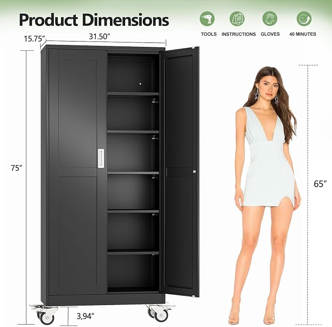 Metal Garage Storage Cabinet, 75”Tall Rolling Utility Cabinet Black | storage system with Wheels, Lock, 5 Adjustable Shelves, Heavy Duty Steel Tool Locker for Home Office, Utility Room, Gym