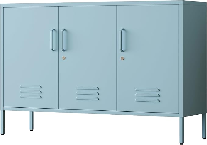32" Wide 3-Door Lockable Metal Storage Cabinet with Accent Cabinet Locker, Heavy Duty Home Tool Cabinet, 2 Removable Shelves & Easy Assembly, for Home, Office, Entryway and Hallway Blue