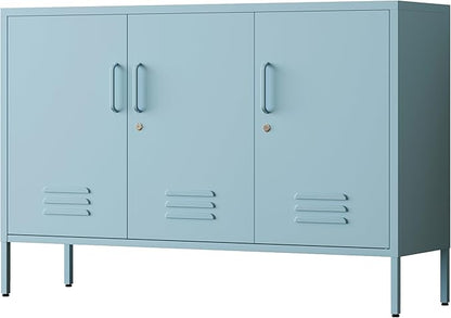 32" Wide 3-Door Lockable Metal Storage Cabinet with Accent Cabinet Locker, Heavy Duty Home Tool Cabinet, 2 Removable Shelves & Easy Assembly, for Home, Office, Entryway and Hallway Blue