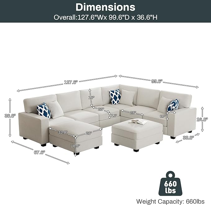Legend Vansen Oversized Modular Sectional Sofa,U/L‑Shaped Reversible Couch with Ottoman,Deep Seat Plush Polyester Sofa for Living Room,8‑Seater,Cream