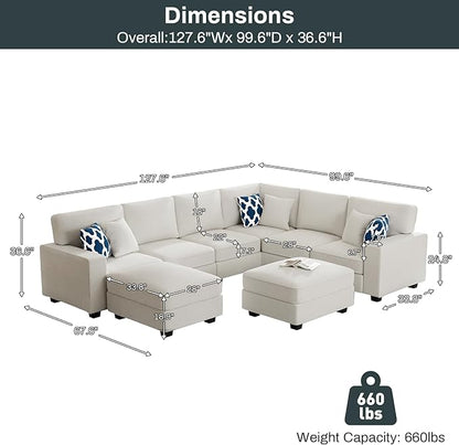 Legend Vansen Oversized Modular Sectional Sofa,U/L‑Shaped Reversible Couch with Ottoman,Deep Seat Plush Polyester Sofa for Living Room,8‑Seater,Cream
