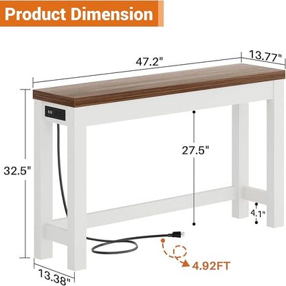 Cyclysio 47" Console Table with Charging Station, 13.8" Deep Farmhouse Sofa Table Behind Couch with 2 AC Outlets & 3 USB Ports, Entryway TV Console or Compact Home Office Desk, Rustic Oak