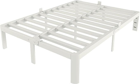 White Full Size Bed Frame 12 Inch, Metal Full Bed Frame No Box Spring Needed, Heavy Duty Steel Support 3500 LBS, DIY Headboard, Noiseless, Round Corner Legs, Storage Space, Easy Assembly