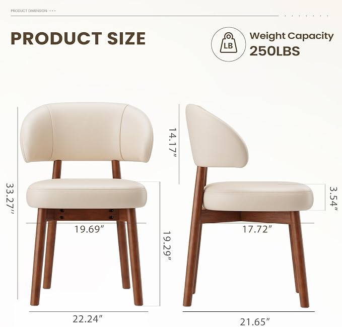 MALOL Wooden Dining Chairs Set of 2, Modern Upholstered Dining Room Chair, PU Leather Kitchen Side Chairs with Curved Open Back for Living Room/Restaurant/Cafe, Beige
