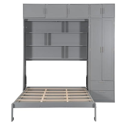 Murphy Bed Queen Size,Murphy Bed with Top Cabinet and Shelves,Space-Saving Multifunctional Hideaway Wall Foldable Bed w/Slat Support,Bedroom Folding Bedframe for Guest Room,Gray