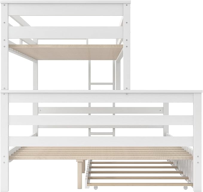 Wood Bunk Bed Twin XL Over Queen Size with Trundle, Detachable Design Bunk Bed Frame with Safety Guardrail, Ladder and Sturdy Slats Support (White+Trundle)