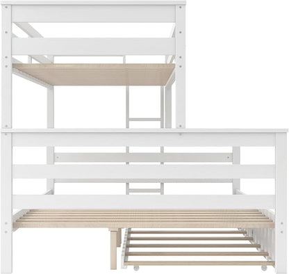 Wood Bunk Bed Twin XL Over Queen Size with Trundle, Detachable Design Bunk Bed Frame with Safety Guardrail, Ladder and Sturdy Slats Support (White+Trundle)
