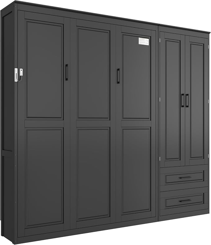 Merax Farmhouse Multi-Functional Murphy Bed with Wardrobe & Drawers,Black | Queen Size Solid Wood Foldable Wall Bed with Upholstered Headboard / No Box Spring Needed / Space Saving