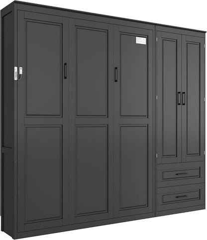 Merax Farmhouse Multi-Functional Murphy Bed with Wardrobe & Drawers,Black | Queen Size Solid Wood Foldable Wall Bed with Upholstered Headboard / No Box Spring Needed / Space Saving