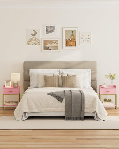 Nightstand, 3-Tier Bed Side Table, Small End Table, Night Stand with Open Shelf and Drawer, Bedside Table for Bedroom, Living Room, Pink