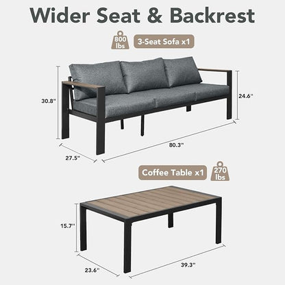 Patio Furniture Set 3 Seats Sofa and Coffee Table All-Weather Patio Sofa with Washable Thick Cushions, Deluxe Aluminum Modern Outside Sectional for Porch, Balcony, Deck, Yard, Light Gray