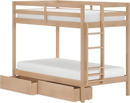 Grain & Grove Bear Twin Over Twin Bunk Bed with Storage Drawers, Sturdy Bunk Bed Frame for Kids, Plywood Bunk with Ladder, Guardrail, and Slats, No Box Spring Required, Oak Embossed Natural