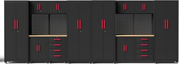 Garage Storage Cabinet System, 16PCS Garage Cabinets and Storage System Workshop Set with Red Cabinet, Cabinet Drawers, Workbench, Pegboard for Tool Organization,Red Handle