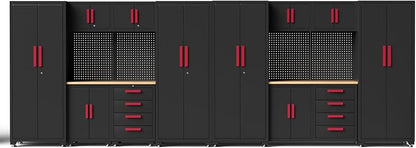 Garage Storage Cabinet System, 16PCS Garage Cabinets and Storage System Workshop Set with Red Cabinet, Cabinet Drawers, Workbench, Pegboard for Tool Organization,Red Handle