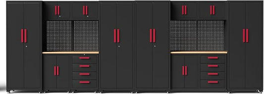 Garage Storage Cabinet System, 16PCS Garage Cabinets and Storage System Workshop Set with Red Cabinet, Cabinet Drawers, Workbench, Pegboard for Tool Organization,Red Handle