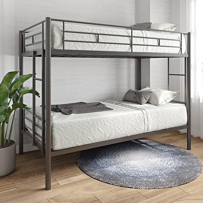 Metal Twin Over Twin Bunk Bed, Heavy-Duty Metal Bunk Bed, Noise Reduced Design/Safety Guardrail/2 Side Ladders/No Box Spring Needed (Black)