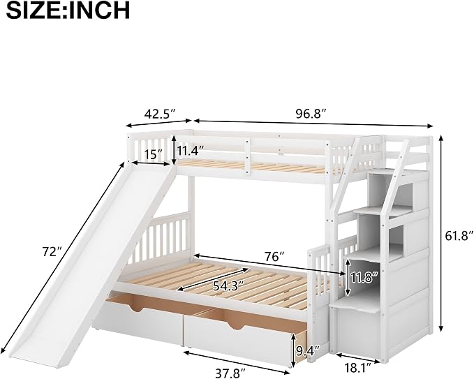 RUNNA Twin Over Full Bunk Bed with Slide,Storage Drawers,Play House, White | Twin over full bunk bed with slide,storage,ladder,play house design,solid wood frame,guardrails,no box spring needed,White