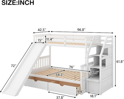 RUNNA Twin Over Full Bunk Bed with Slide,Storage Drawers,Play House, White | Twin over full bunk bed with slide,storage,ladder,play house design,solid wood frame,guardrails,no box spring needed,White
