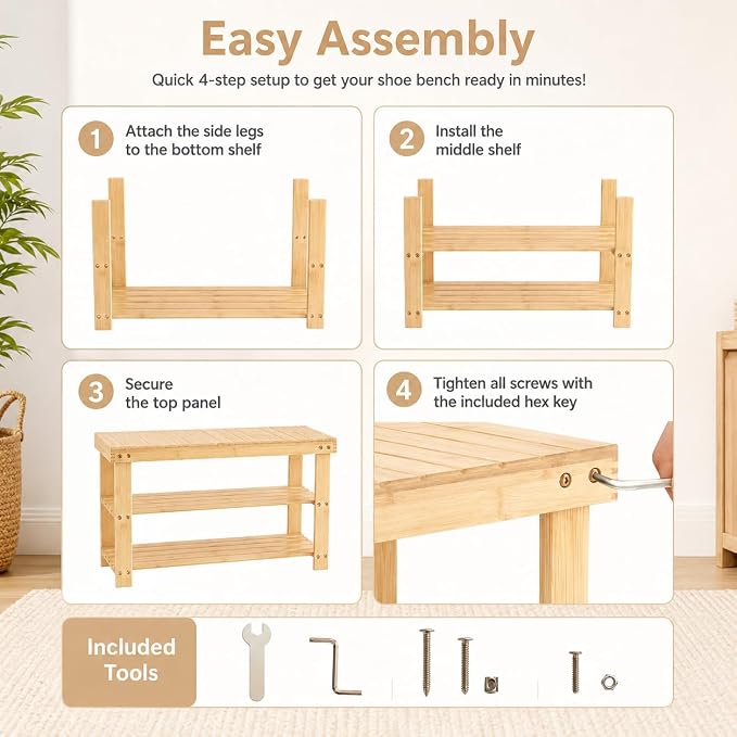 Shoe Rack Bench, 3-Tier Shoe Storage Organizer for Entryway , Shoe Shelf for Small Spaces, Multi-Functional Side Table Plant Stand, Shoe Stand for Bedroom, Living Room, Closet, Front Door, Natural